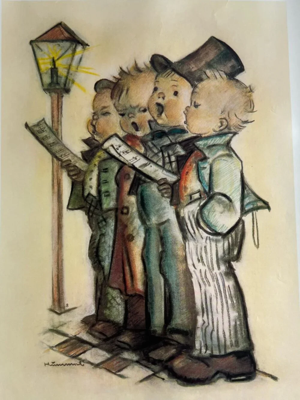 Vintage Goebel Art Print Poster 1978 Young Boys Quartet Sing Carol by Lamp Post